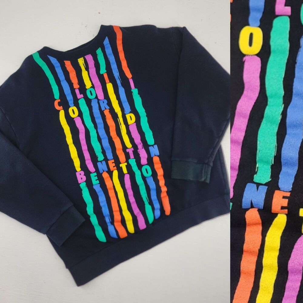 Vintage 90s United Colors of Bennetton Black Crewneck Sweatshirt Colorful XL‎